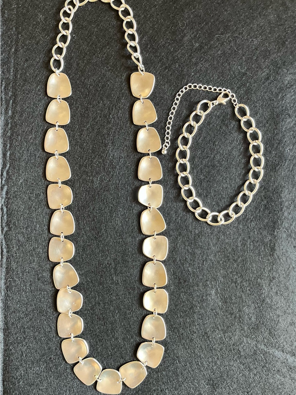Modernist Brushed Silver Square Tile Necklace & Matching Chain Bracelet Set